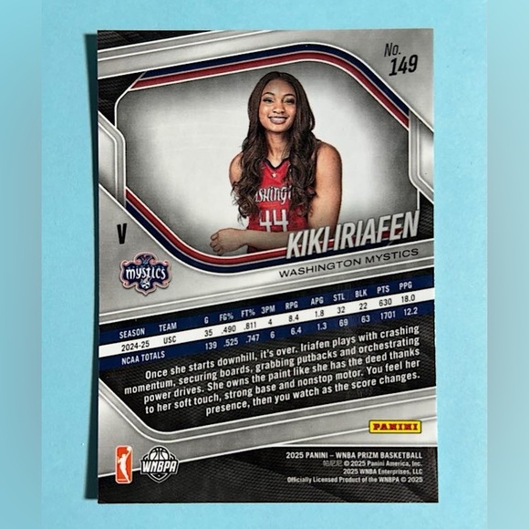 2025 Prizm Silver Prizm image variation , Kiki Iriafen Wash Mystics RC Card #149 - Picture 2 of 2